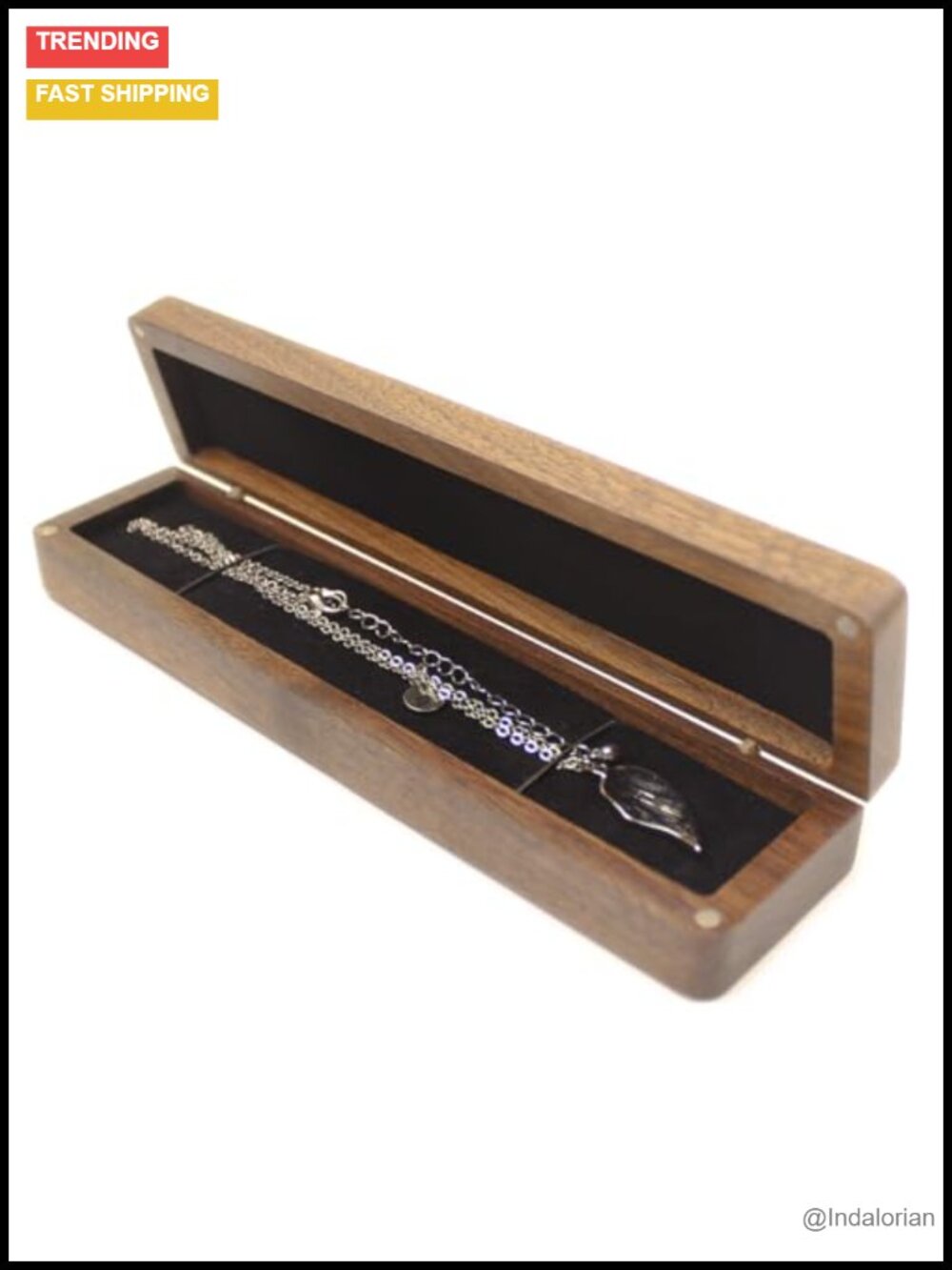 Walnut Wood Long Rectangular Necklace Jewelry Box Magnetic Closure